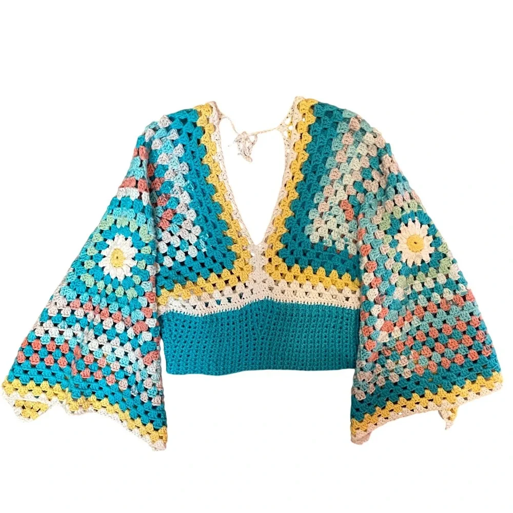Handmade Crochet Granny Square Crop Top Bell Sleeve V-Neck Boho Turquoise Yellow